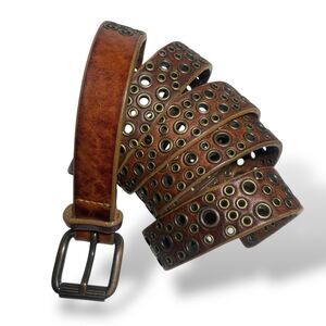 All Saints Leather Belt Women Size M L Grommet Embellished Brown Genuine Leather